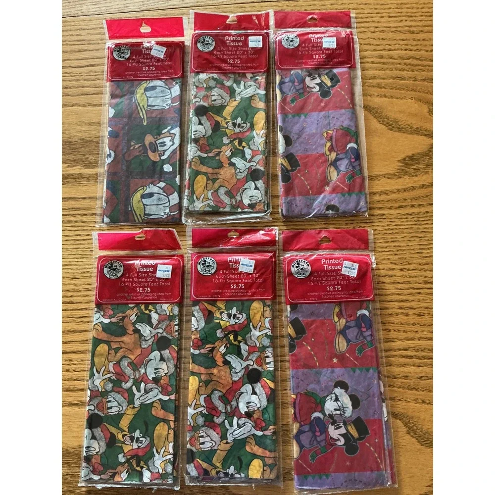 Vintage Disney Mickey & Friends Christmas Printed Tissue Paper Lot 6 Packs 24ct